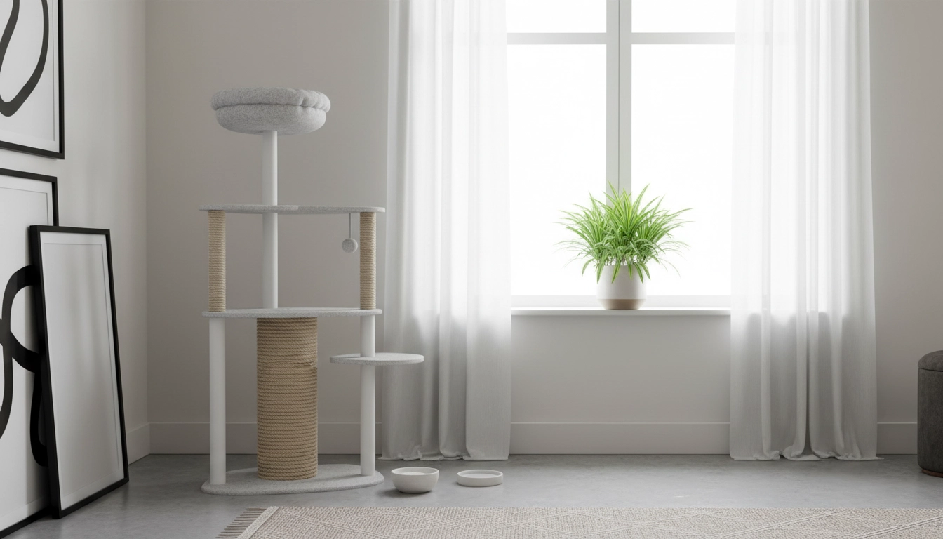 A tall cat tree positioned near a window in a quiet spare room, prepared for a new cat's arrival.