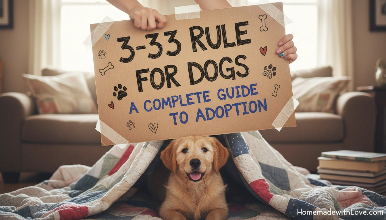 A nervous-looking rescue dog peeking out from behind a sofa, illustrating the question: What is the 3-3-3 rule for dogs?