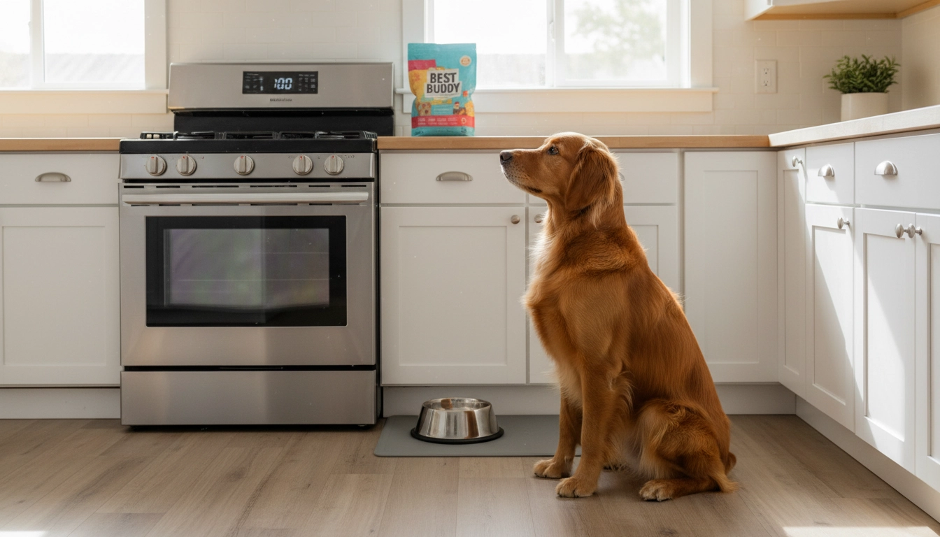 A dog sitting patiently by a metal food bowl in a kitchen, showing the importance of a consistent routine.