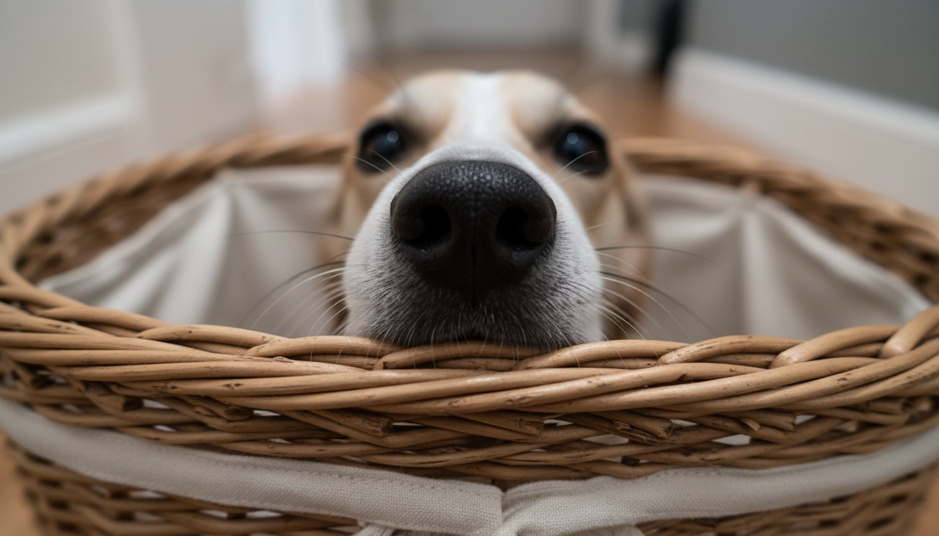A dog curiously sniffing a laundry basket in a hallway to get used to the scents of its new home.