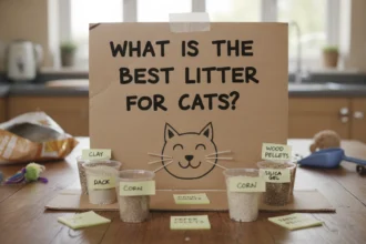 A tabby cat looking curiously at a bag of litter in a laundry room, illustrating the question: What is the best litter for cats?
