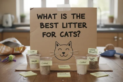 A tabby cat looking curiously at a bag of litter in a laundry room, illustrating the question: What is the best litter for cats?