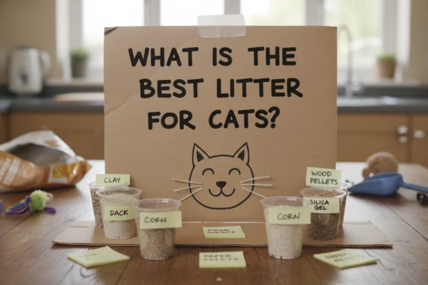 A tabby cat looking curiously at a bag of litter in a laundry room, illustrating the question: What is the best litter for cats?