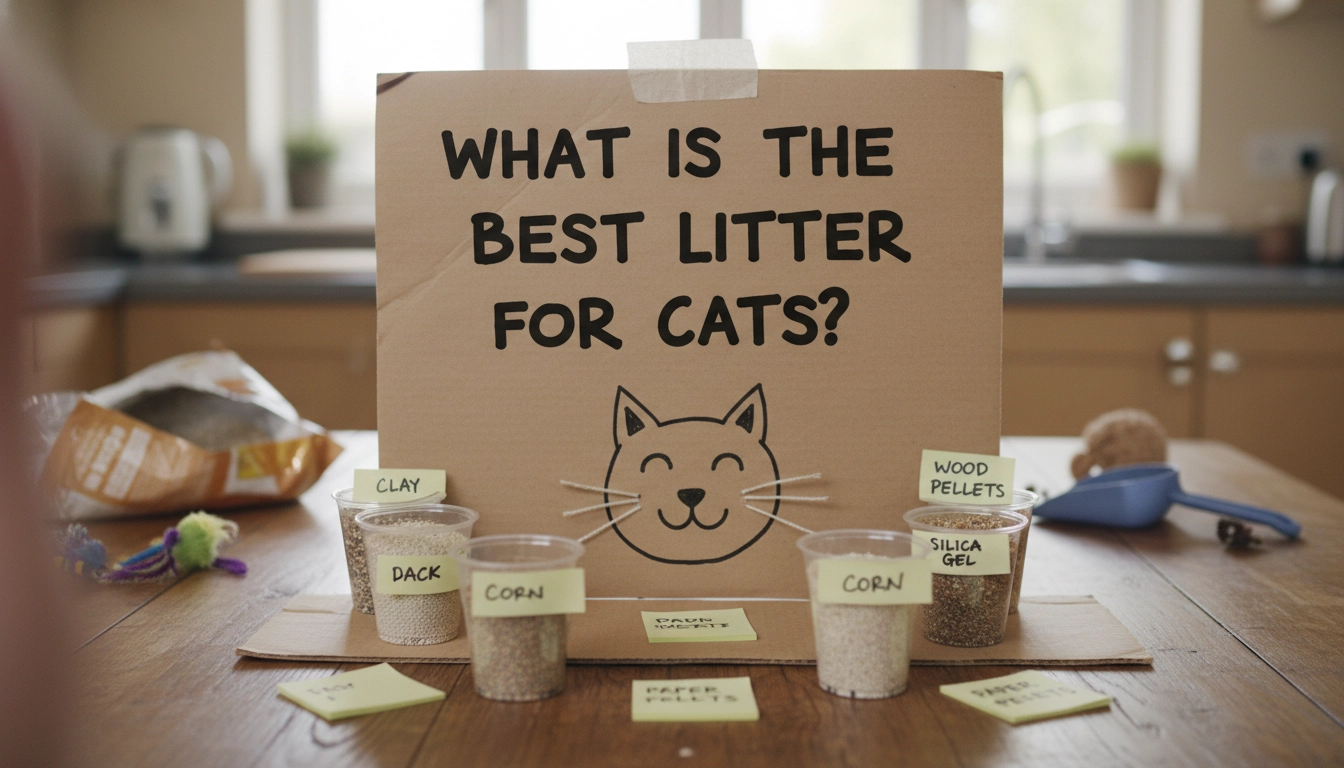 A tabby cat looking curiously at a bag of litter in a laundry room, illustrating the question: What is the best litter for cats?