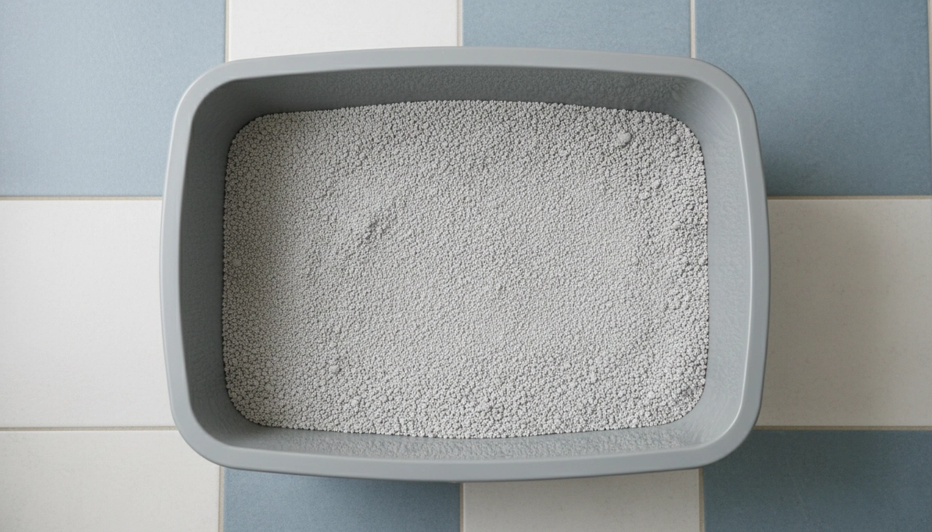 A simple grey plastic litter box filled with grey clay litter sitting on a tiled floor.