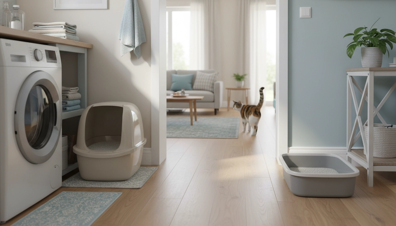 Two clean litter boxes placed a few feet apart in a quiet room for a multi-cat household.
