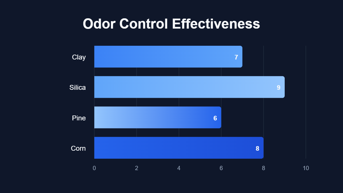A bar chart titled "Odor Control Effectiveness" showing data for Clay, Silica, Pine, Corn.