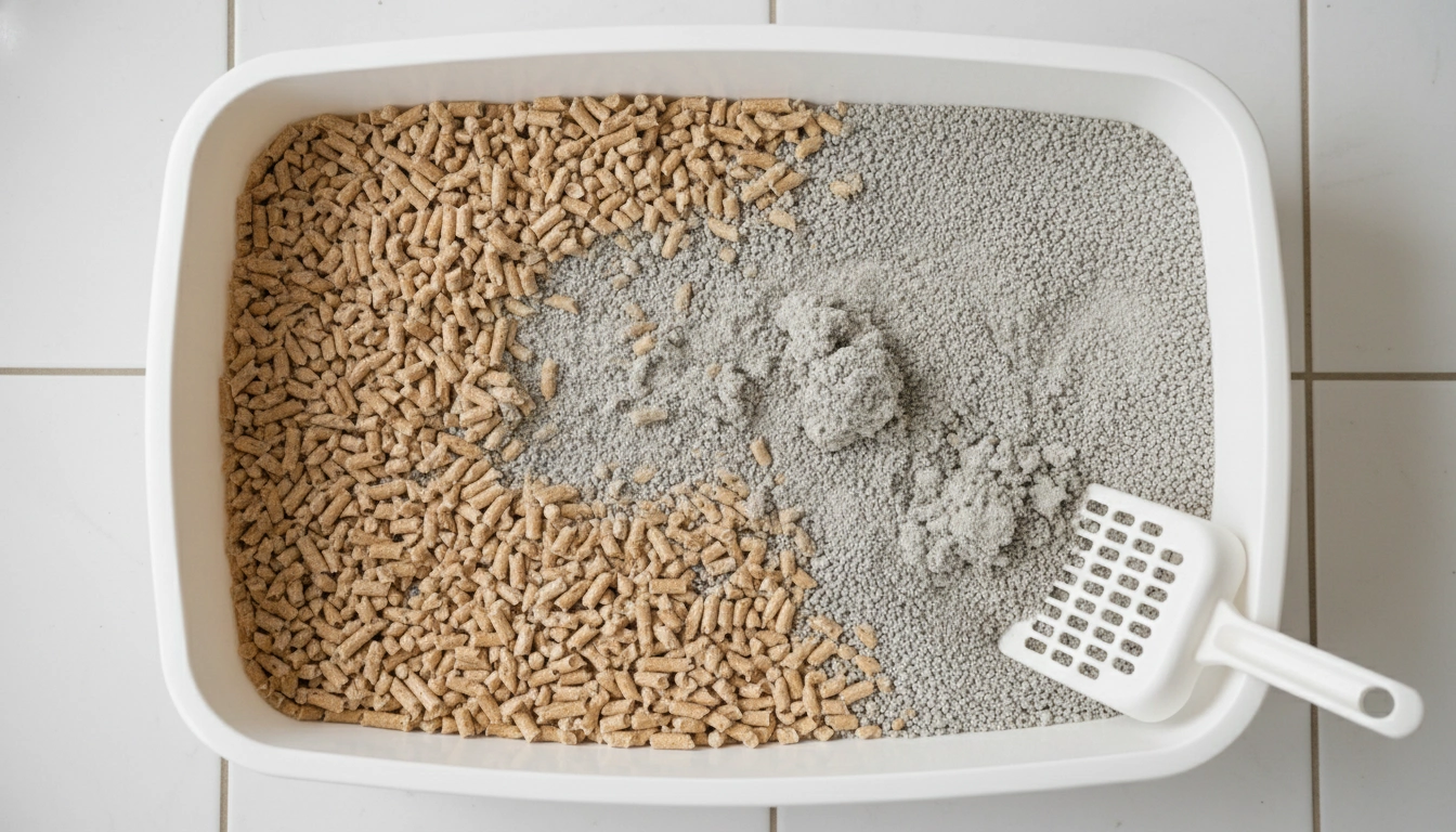 A litter box showing a bottom layer of new pellet litter being covered by a top layer of old clay litter.