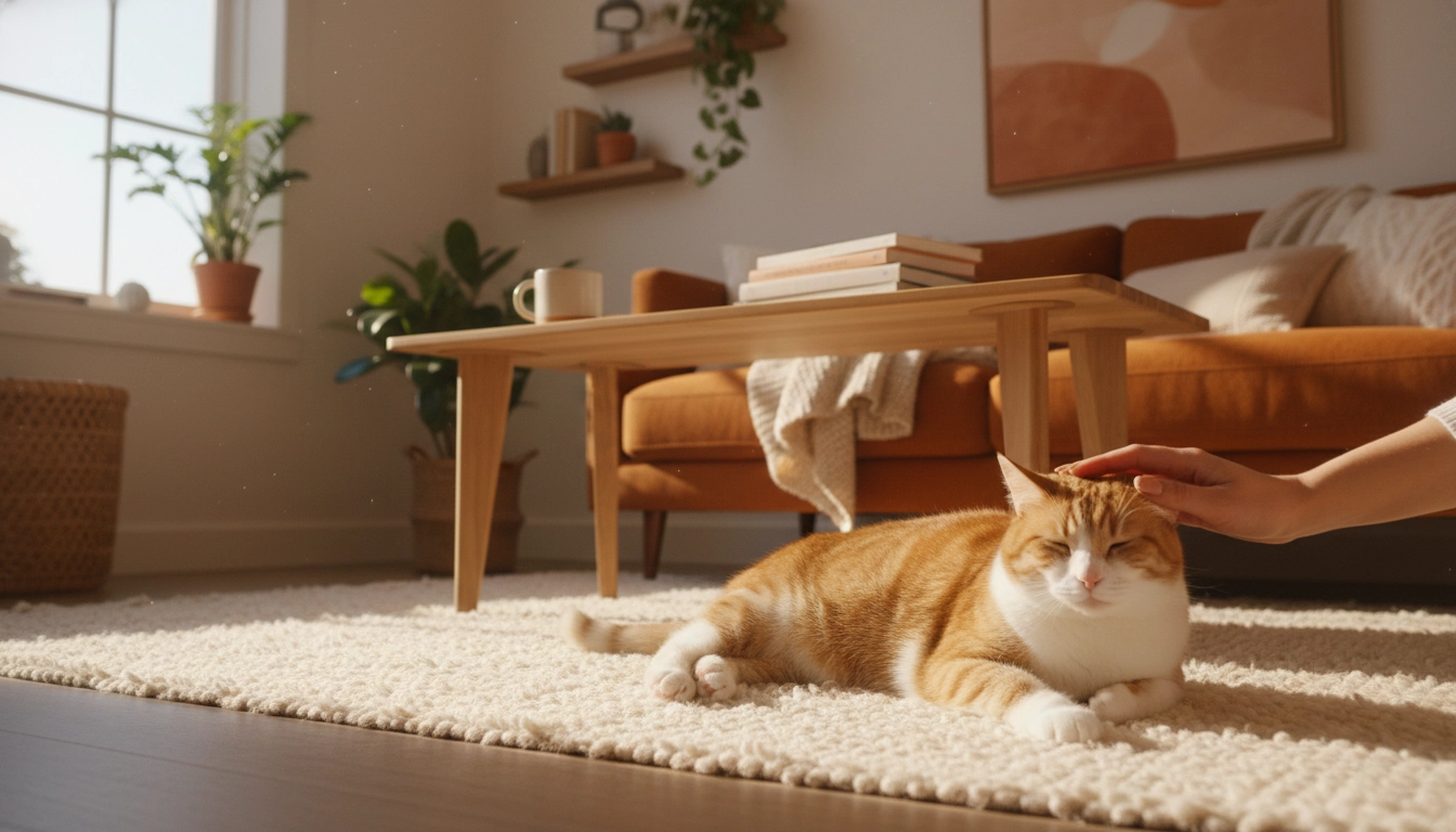 A content cat sitting on a rug next to its owner, representing a fresh and happy home environment.