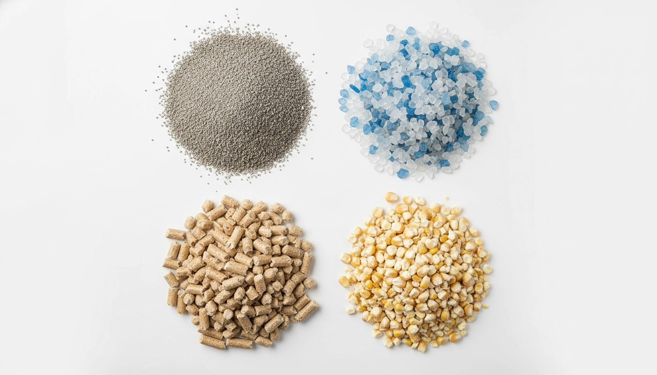 Four small piles of different cat litter types: grey clay, clear silica crystals, tan pine pellets, and yellow corn litter.