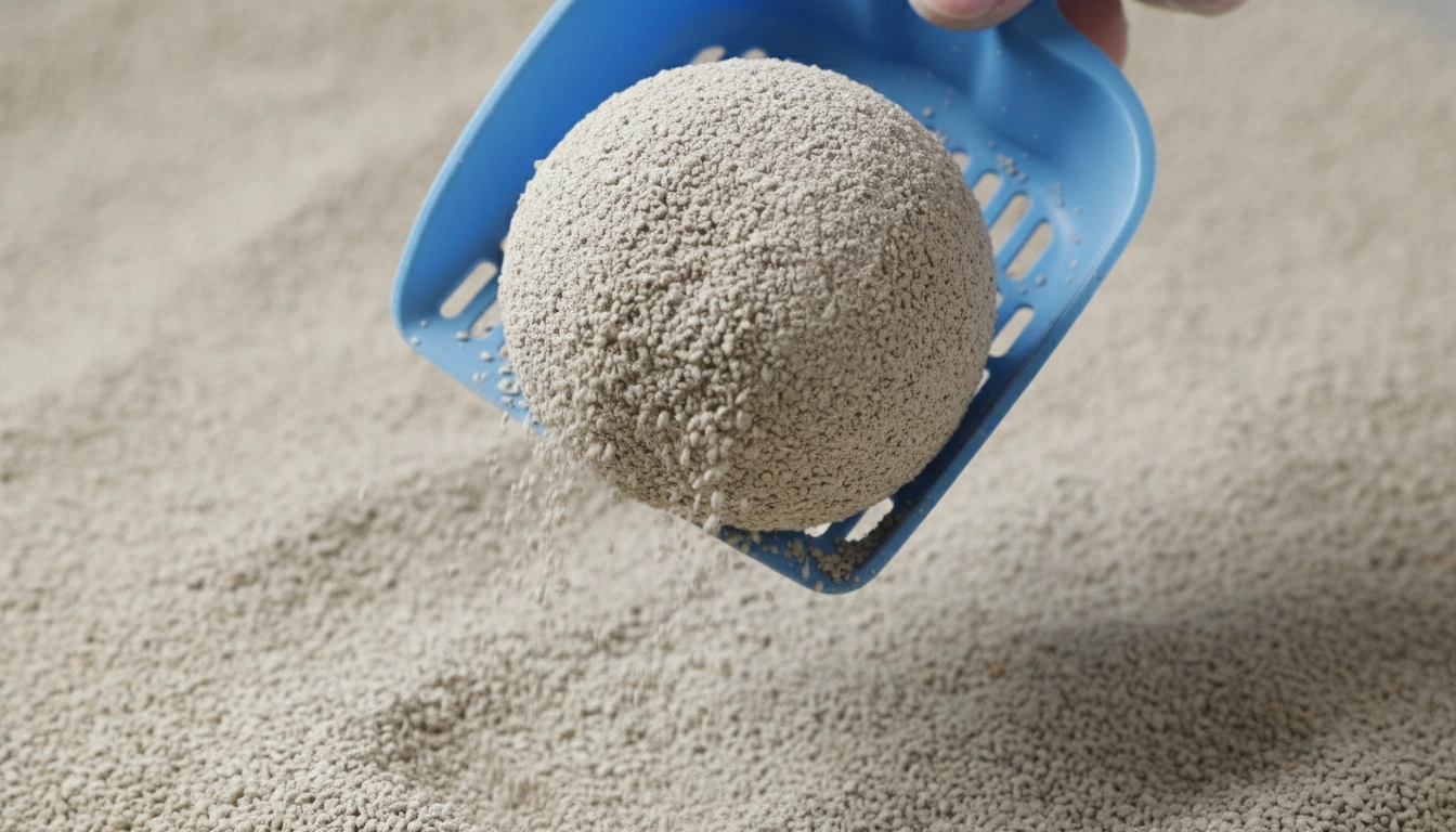 A plastic litter scoop lifting a solid round clump of clay litter out of a box.