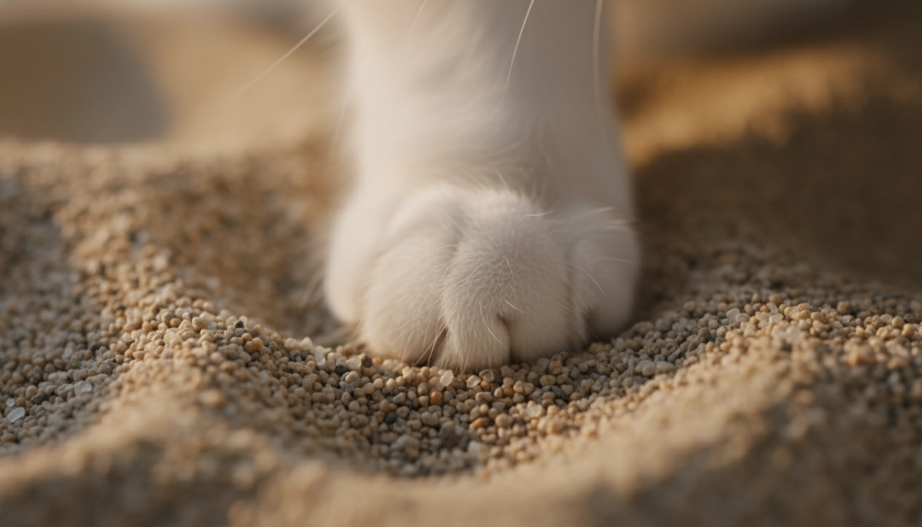 A close-up of a cat's white paw gently pressing into a bed of soft, sandy cat litter.