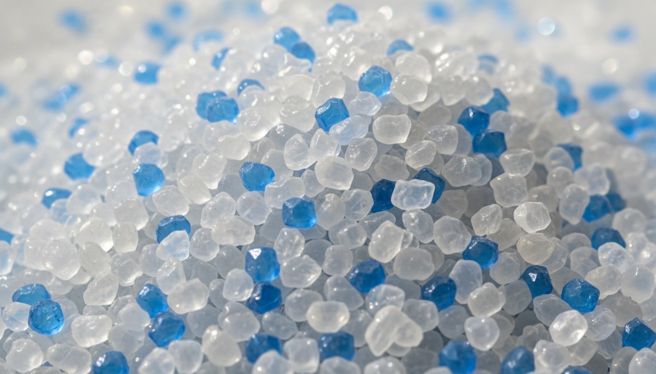 A pile of translucent white and blue silica gel cat litter crystals.