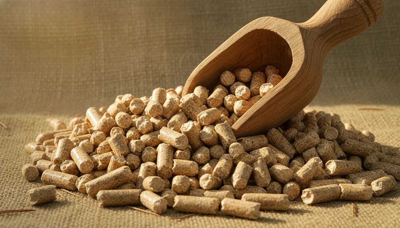 A wooden scoop resting in a bag of large, tan-colored pine litter pellets.