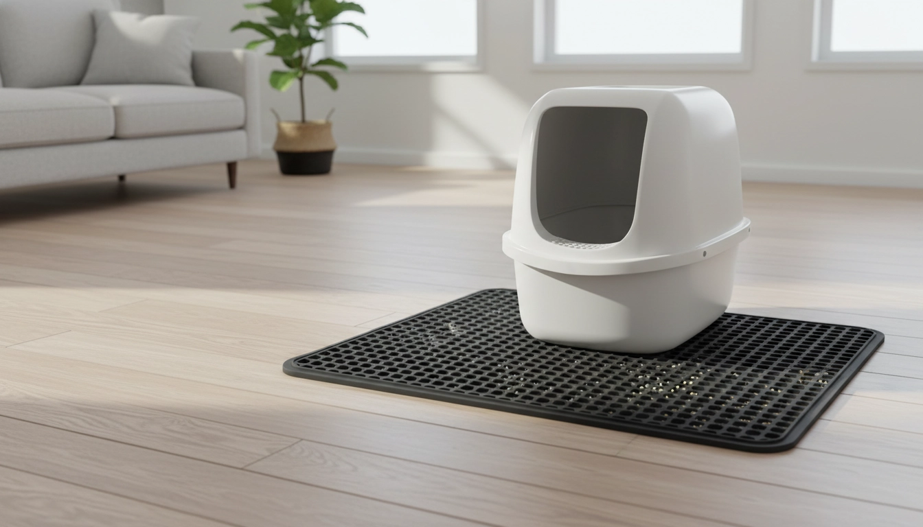 A black honeycomb-patterned litter mat placed in front of a litter box on a hardwood floor.
