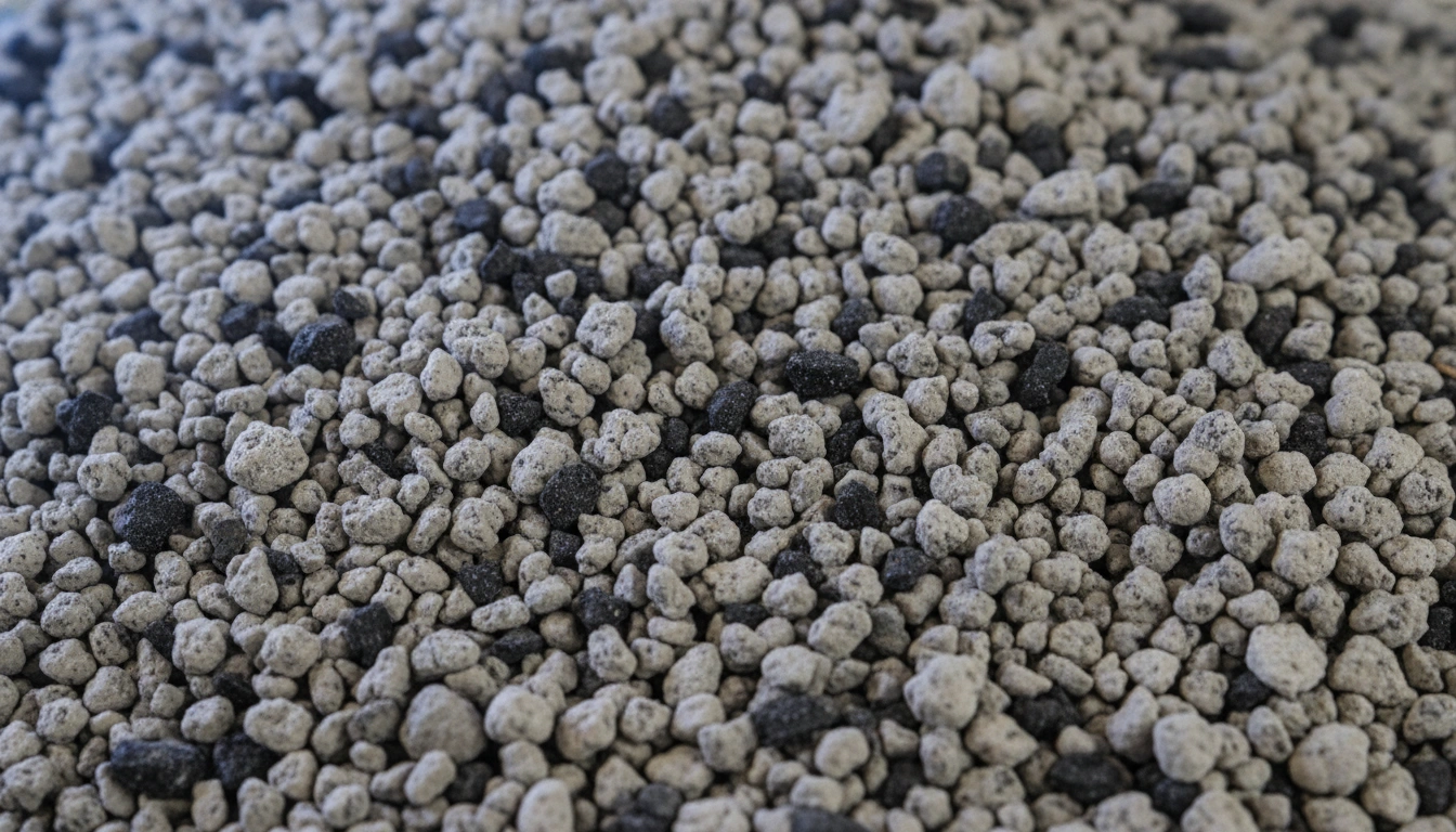 Fresh cat litter mixed with small black specks of activated carbon for odor neutralization.