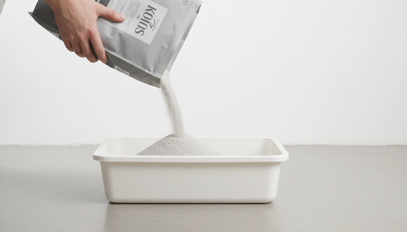 A person pouring cat litter low into a box without any visible dust clouds.