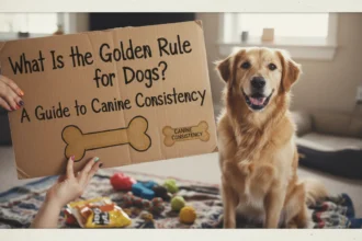 A slightly blurry, homemade-style photo of a golden retriever looking up expectantly at its owner on a sidewalk, illustrating the question: What is the golden rule for dogs?