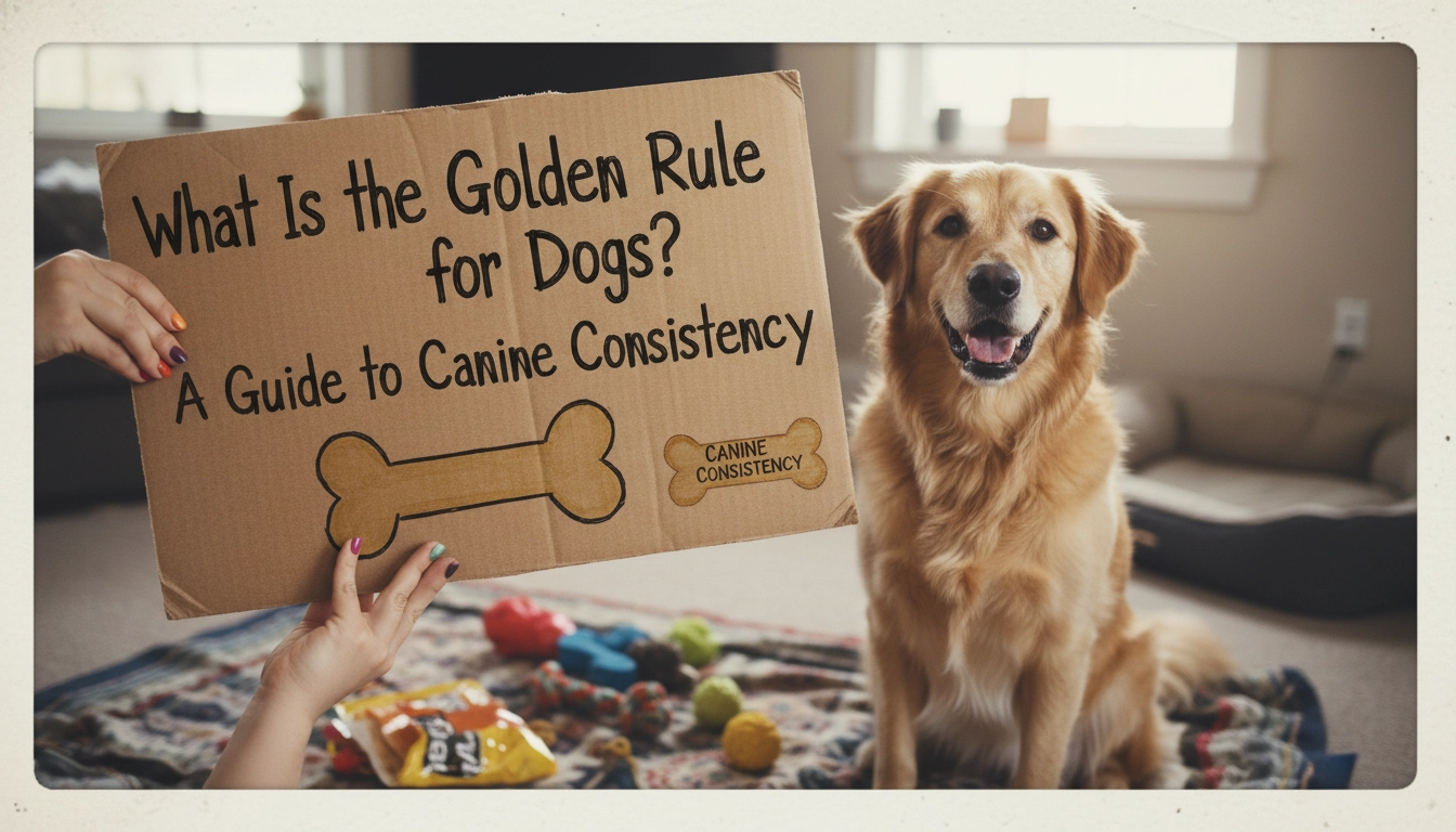 A slightly blurry, homemade-style photo of a golden retriever looking up expectantly at its owner on a sidewalk, illustrating the question: What is the golden rule for dogs?