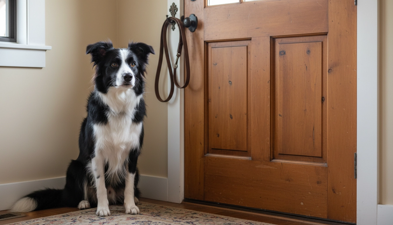 A calm dog sitting by a door waiting for its leash, demonstrating what is the golden rule for dogs through consistent routines.