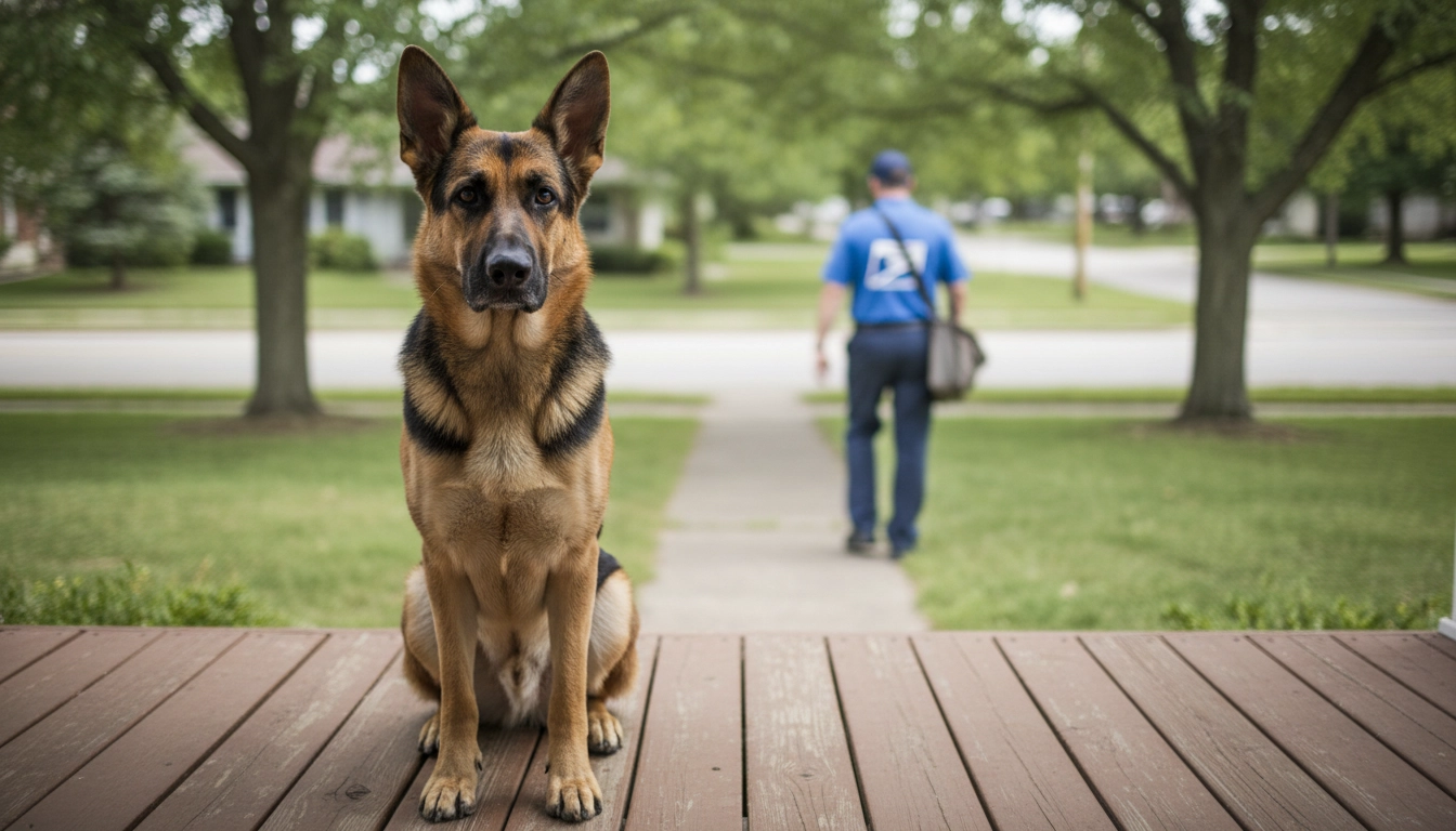 A dog looking at its owner while a mail carrier walks past in the background, showing the results of the golden rule for dogs.