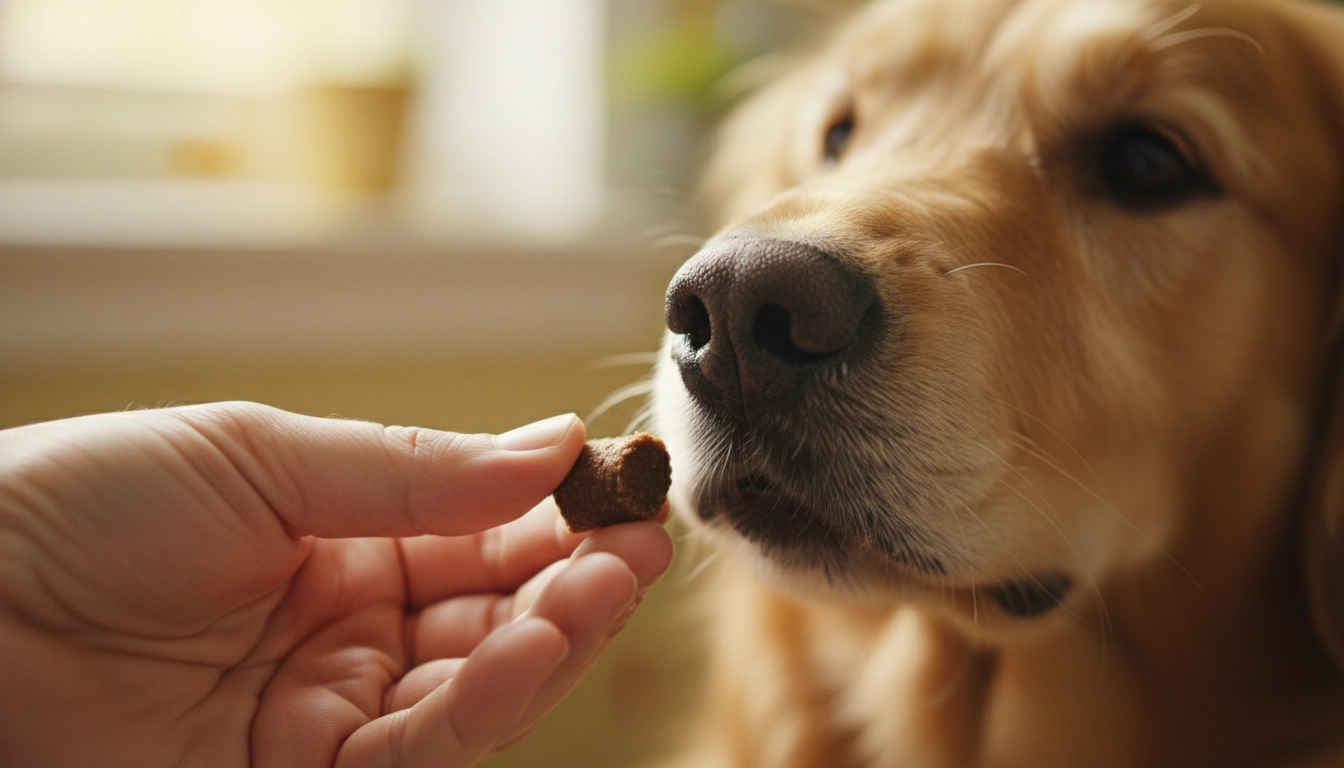 A close-up of a human hand giving a small training treat to a happy dog, reinforcing the golden rule for dogs through positive rewards.