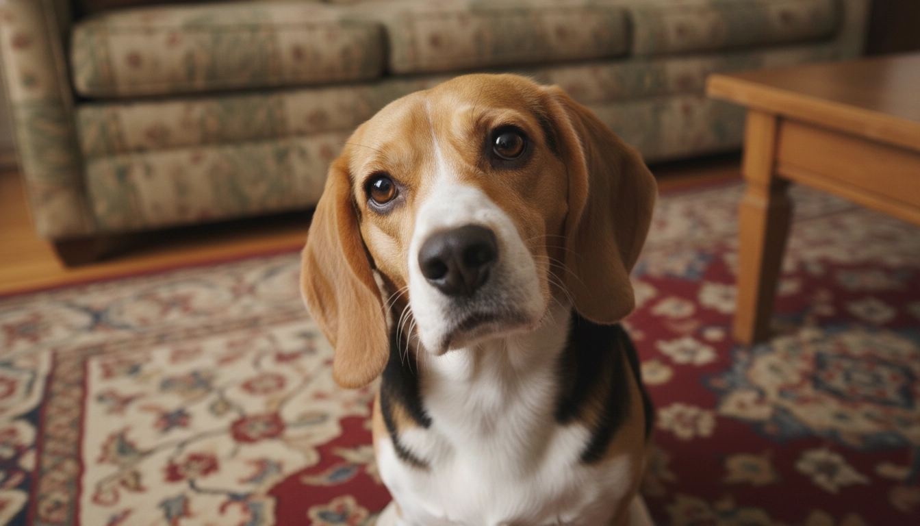 A dog with a tilted head looking confused, representing the behavioral issues caused by not following the golden rule for dogs.