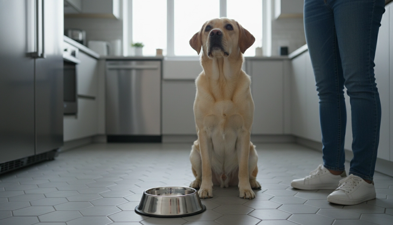 A dog sitting patiently in a kitchen while an owner holds a food bowl, practicing the golden rule for dogs in a daily routine.