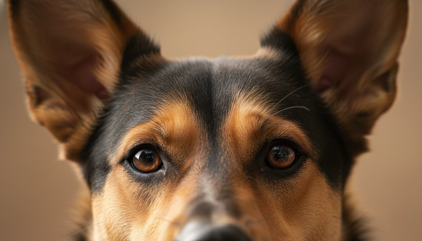 A close-up of a dog's alert ears and focused eyes, showing how they communicate and listen as part of the golden rule for dogs.