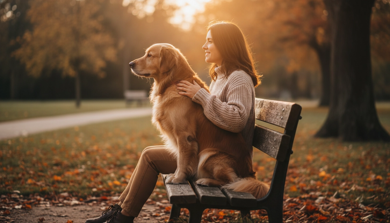 A person sitting on a park bench petting their calm, sitting dog, illustrating a balanced bond built on the golden rule for dogs.