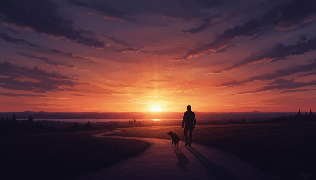 A silhouette of a person and a dog walking together at sunset, summarizing the harmony achieved by following the golden rule for dogs.