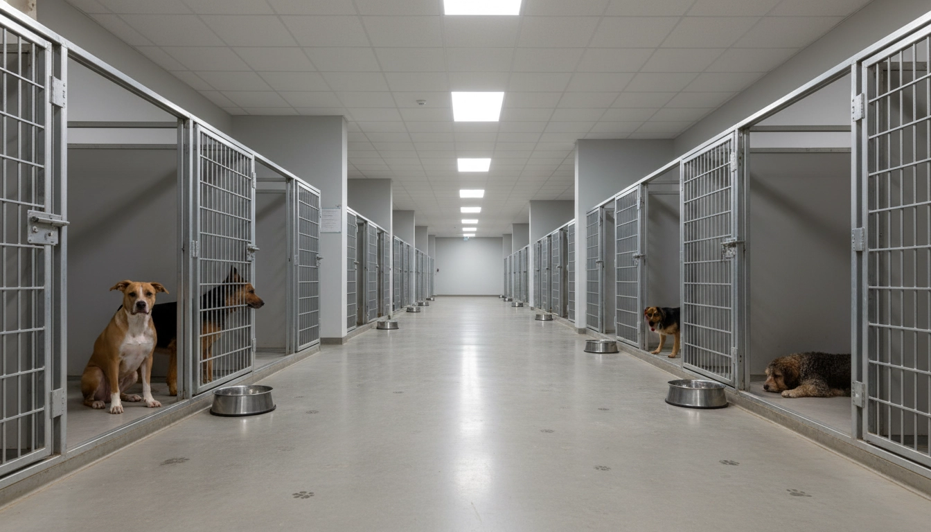 A row of indoor shelter kennels housing several dogs, many appearing to be bully breed mixes.