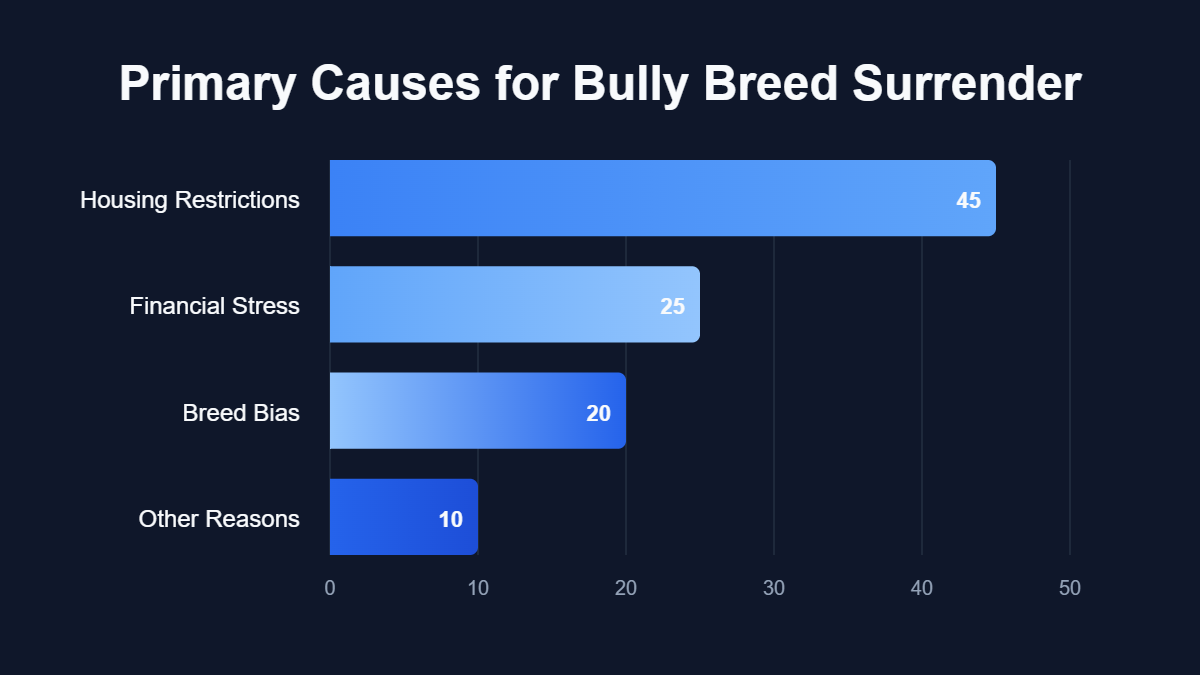 A bar chart titled "Primary Causes for Bully Breed Surrender" showing data for Housing Restrictions, Financial Stress, Breed Bias, Other Reasons.