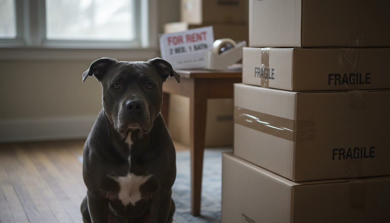 A Pit Bull mix sitting sadly next to stacked cardboard moving boxes, representing the impact of housing restrictions on the most surrendered breed of dog.