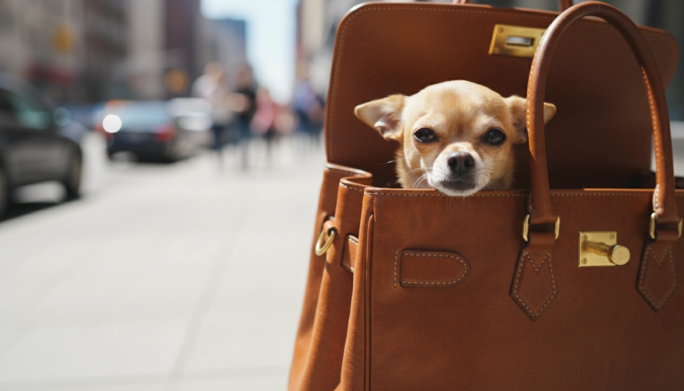 A small Chihuahua peeking out of a designer handbag, illustrating why people often fail to provide these dogs with proper training.