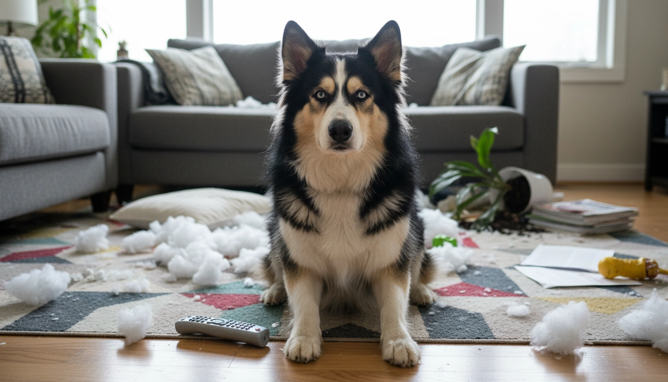 A Siberian Husky sitting amidst the fluff of a destroyed sofa cushion, showing the result of unmet energy needs.