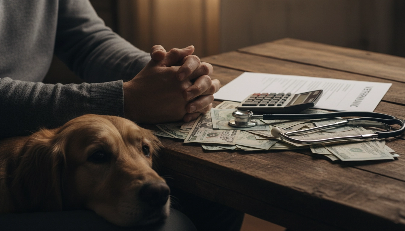 A person sitting at a table with their head in their hands, a veterinary bill in front of them, and a dog resting its head on their knee.