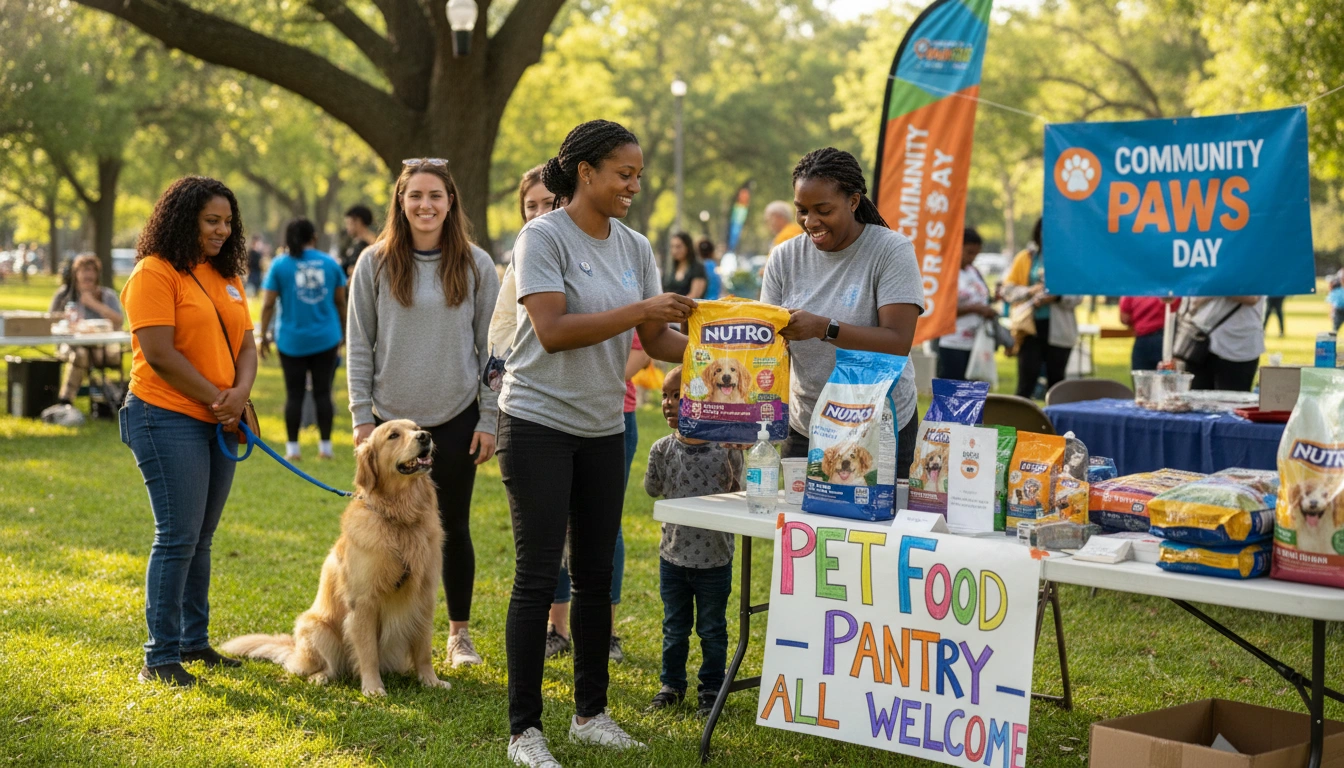 A volunteer handing a large bag of dog food to a pet owner, representing community support to prevent surrender.