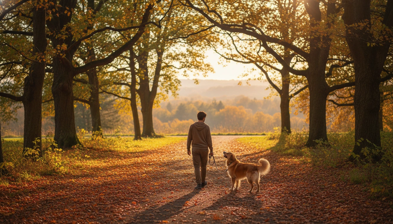 A man and his adopted dog walking calmly on a leash in a sunlit park, symbolizing a successful, long-term bond.