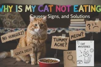 A real-life, slightly blurry photo of a tabby cat sitting on a kitchen floor and looking away from a full bowl of kibble, highlighting the question: Why is my cat not eating?