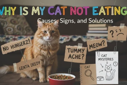 A real-life, slightly blurry photo of a tabby cat sitting on a kitchen floor and looking away from a full bowl of kibble, highlighting the question: Why is my cat not eating?