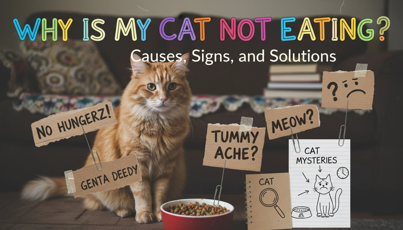 A real-life, slightly blurry photo of a tabby cat sitting on a kitchen floor and looking away from a full bowl of kibble, highlighting the question: Why is my cat not eating?