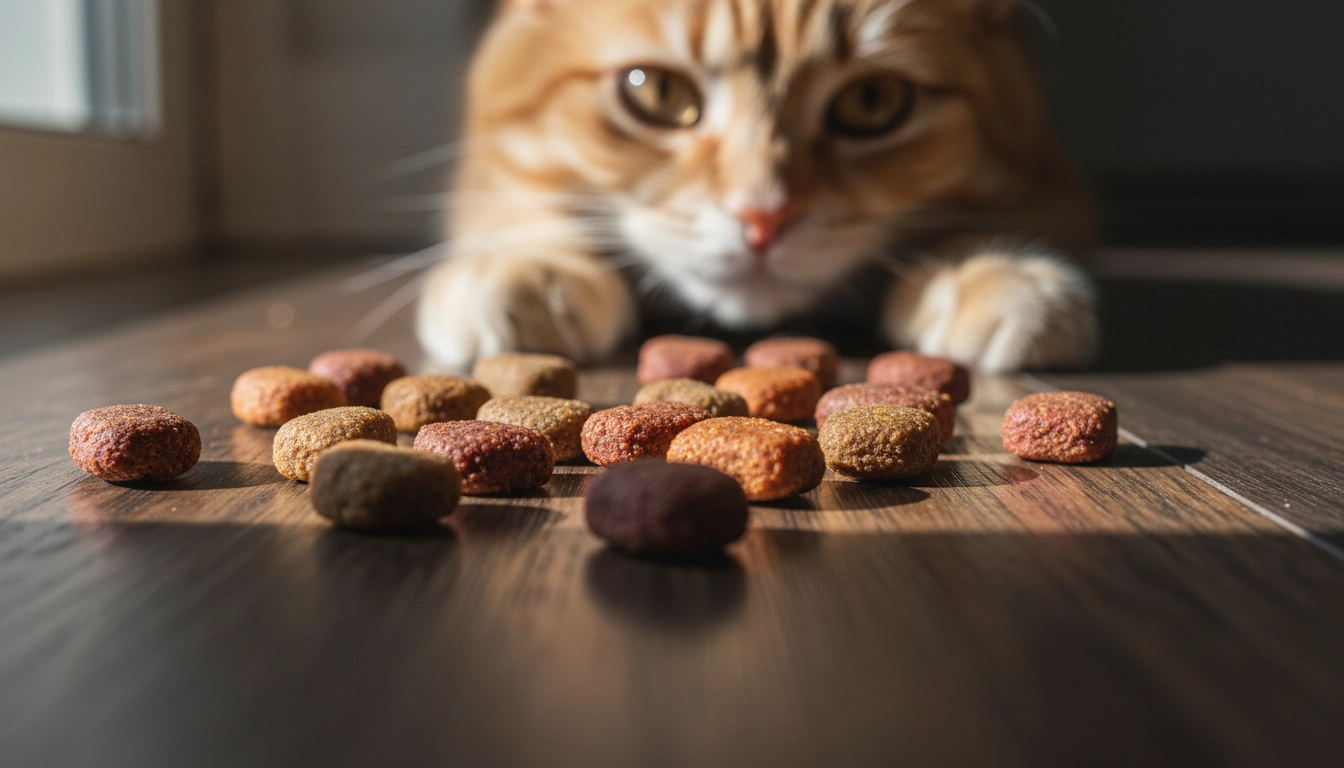 A cat sitting stoically while ignoring several colorful cat treats placed directly in front of its paws.