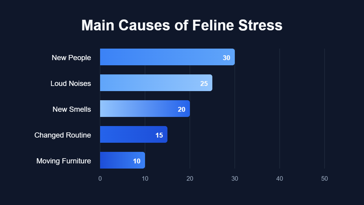 A pie chart titled "Main Causes of Feline Stress" showing data for New People, Loud Noises, New Smells, Changed Routine, Moving Furniture.