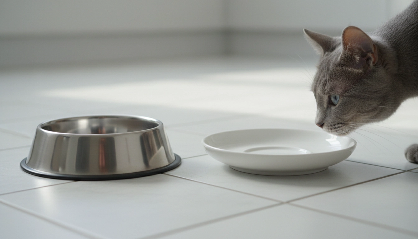 A comparison showing a cat comfortably eating from a wide, flat ceramic plate instead of a deep, narrow metal bowl.