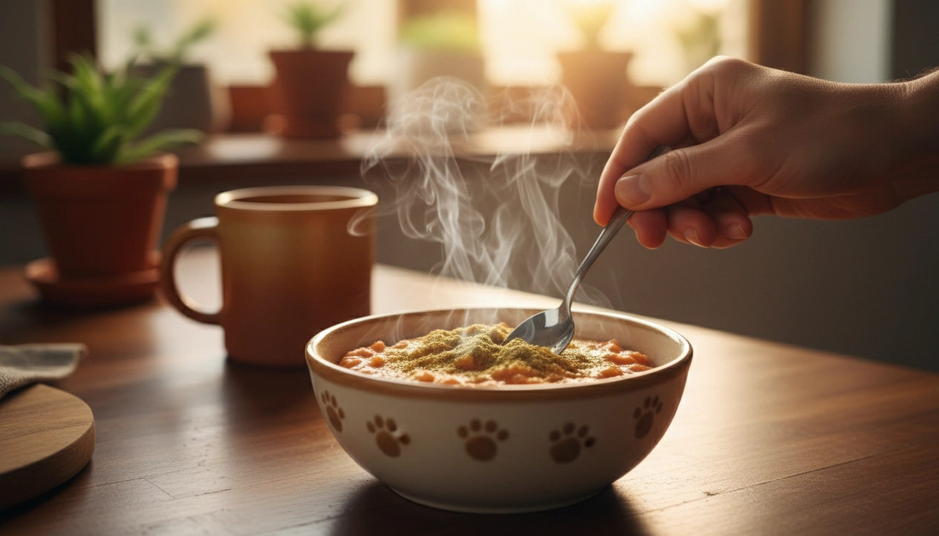 A person’s hand stirring a steaming bowl of wet cat food to enhance its scent.
