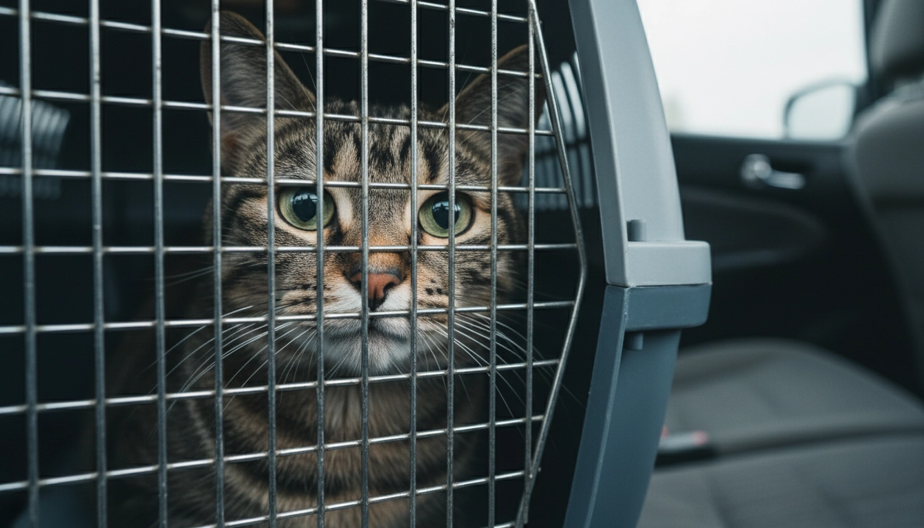 A cat looking out through the grate of a plastic pet carrier, ready for a trip to the veterinarian.