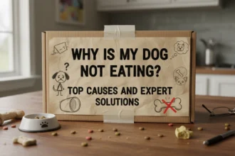 A worried dog sitting in a kitchen looking down at a full bowl of kibble, illustrating the question, Why is my dog not eating?