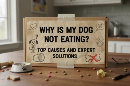 A worried dog sitting in a kitchen looking down at a full bowl of kibble, illustrating the question, Why is my dog not eating?