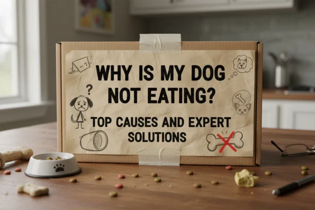 A worried dog sitting in a kitchen looking down at a full bowl of kibble, illustrating the question, Why is my dog not eating?